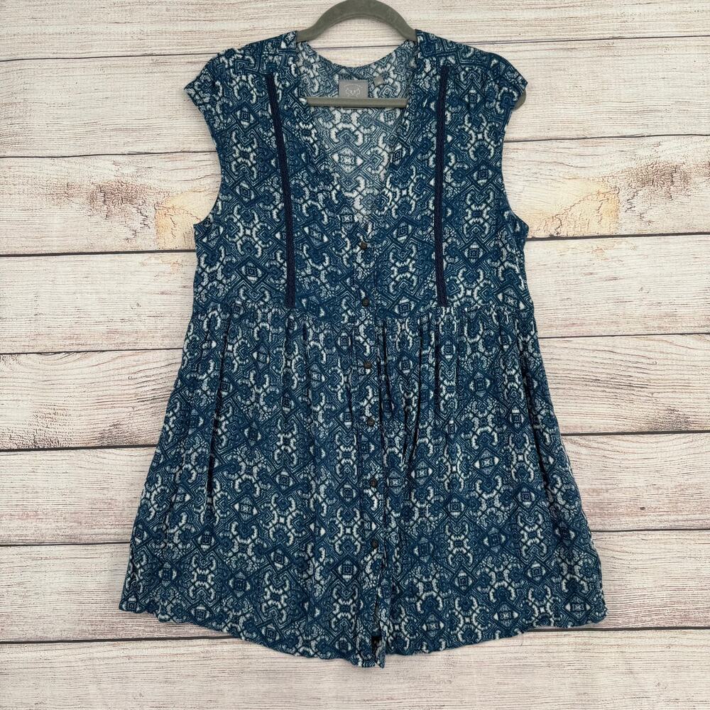 Vanessa Virginia Geometric Print Button Down Blouse‎ Womens XS Blue Sleeveless